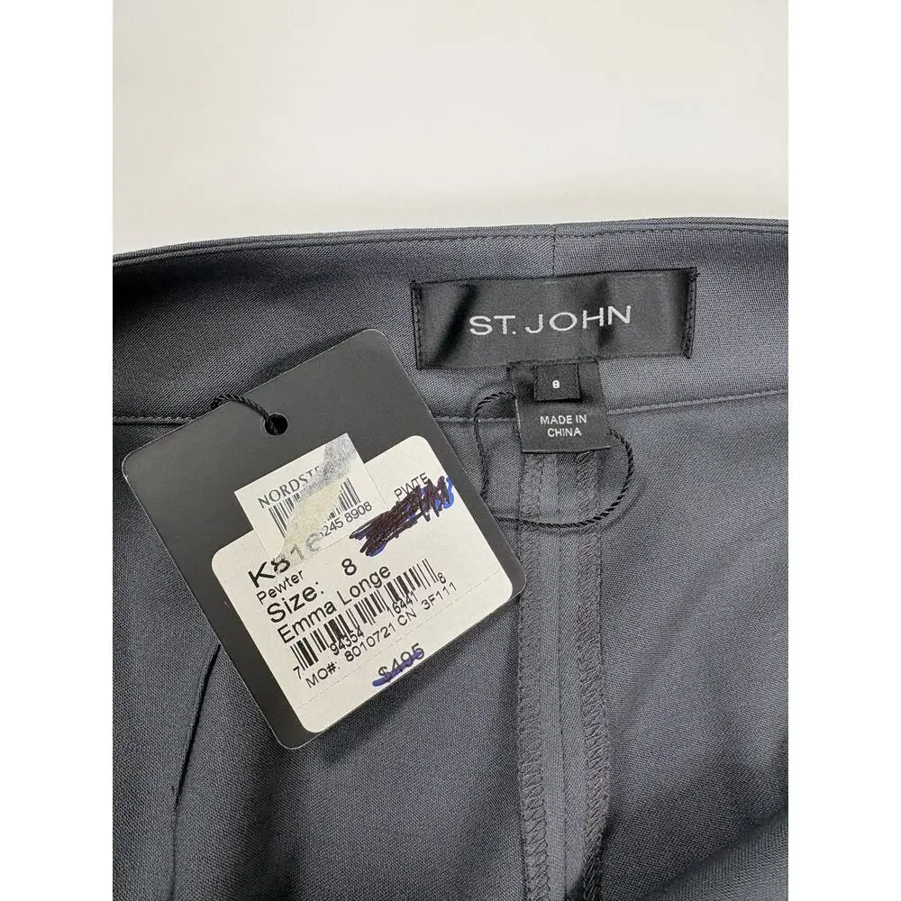 St. John Emma Pewter Gray Wool Blend Straight Leg Pants 8 NWT Raw Hem Luxury